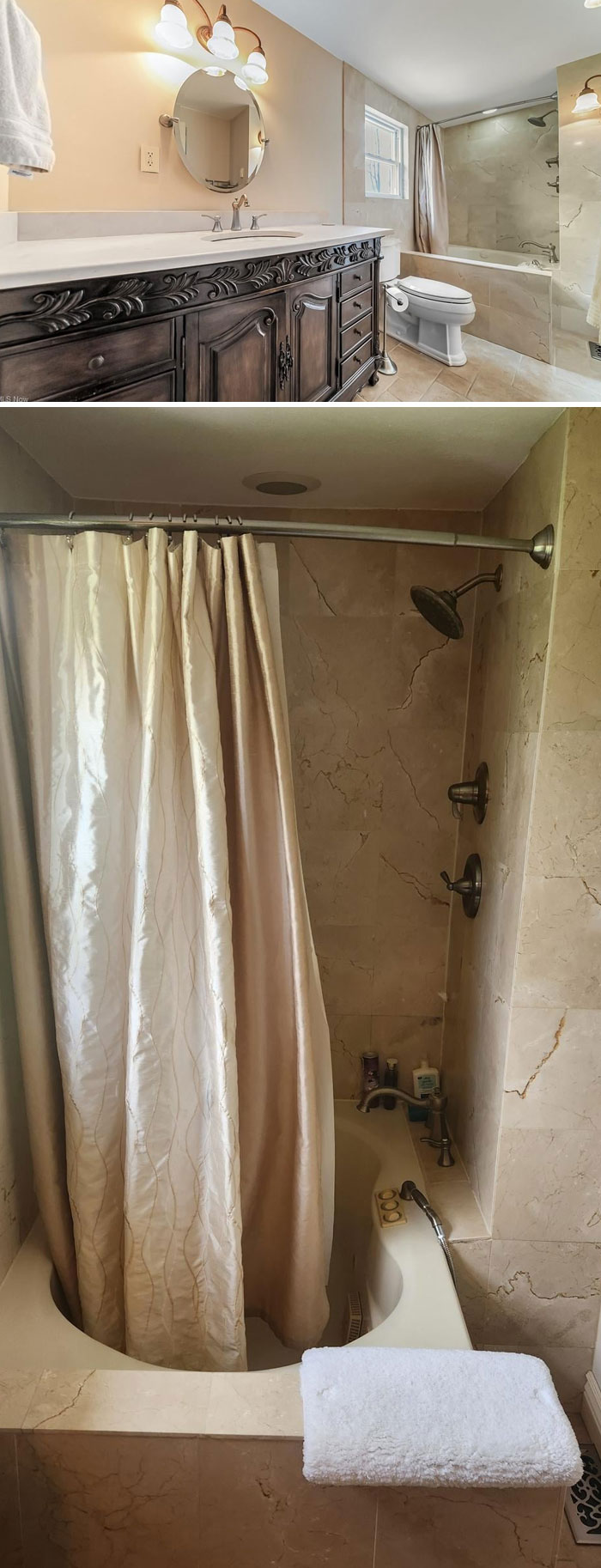 Airbnb bathroom with a curved bathtub and a shower curtain, contrasting with elegant vanity expectations.