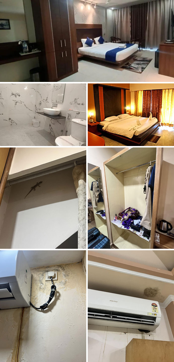 Airbnb room issues: unclean wardrobe, lizard on wall, moldy ceiling, messy bathroom, and cluttered space.