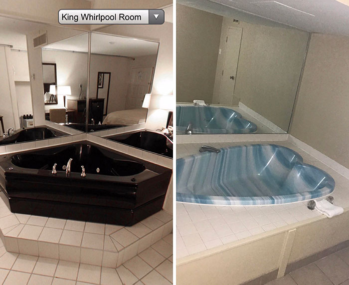 Airbnb whirlpool room expectation vs reality with mismatched tubs in a mirrored bathroom setting.