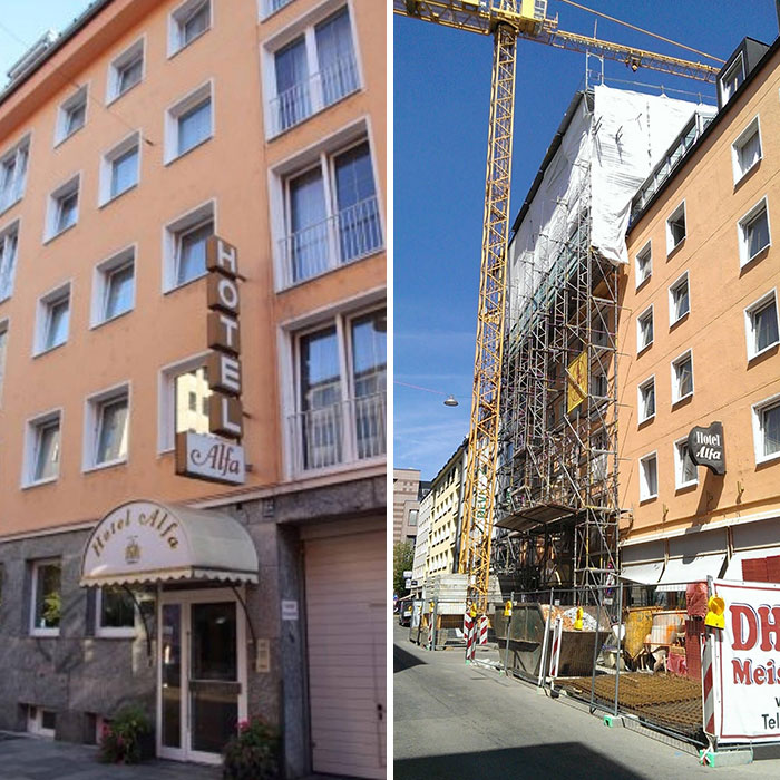 Airbnb expectation vs reality: Orange hotel facade before and under construction, with scaffolding and a crane.