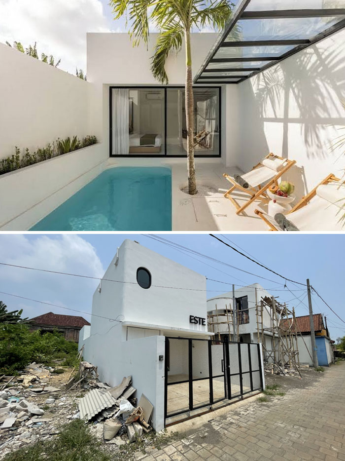 Airbnb expectations fail: top photo shows a modern pool area; bottom photo reveals a construction site with debris.
