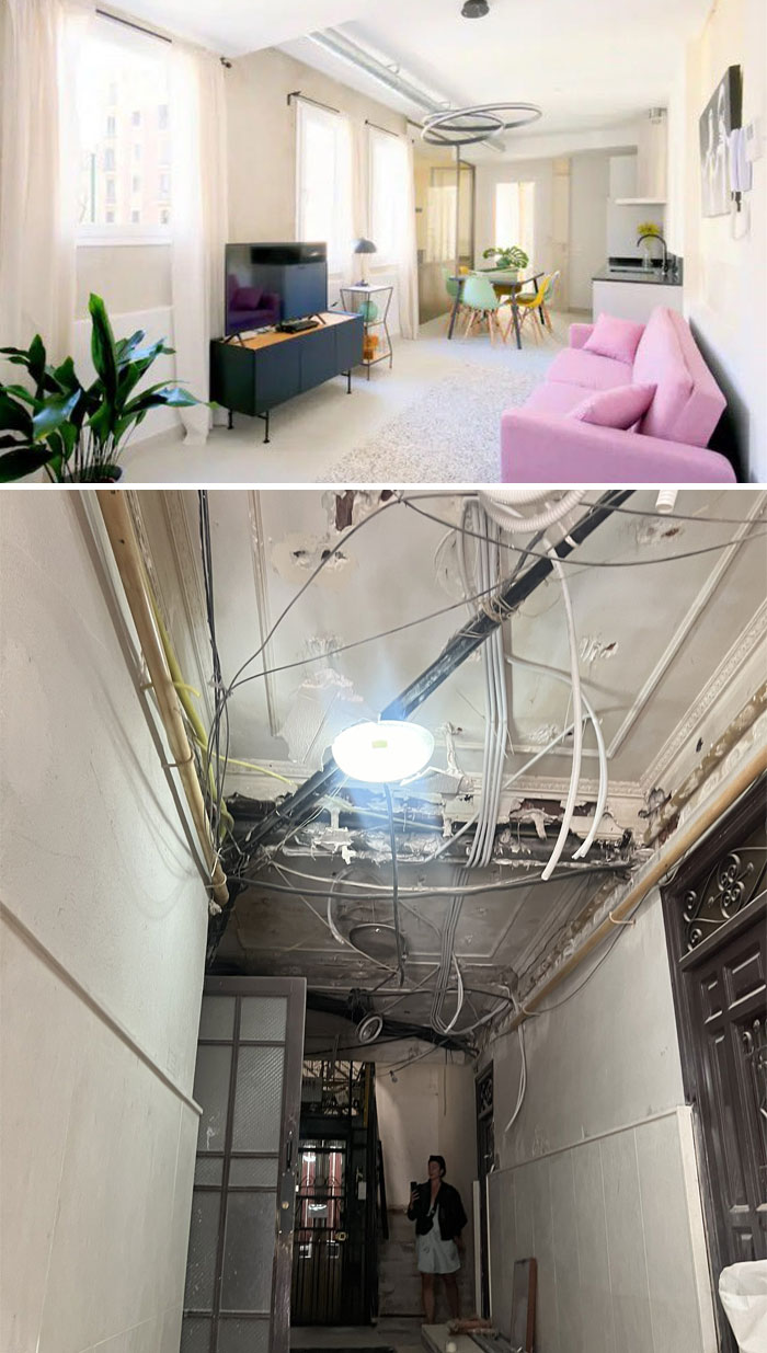 Stylish Airbnb interior contrasts with unfinished hallway showcasing unmet expectations.