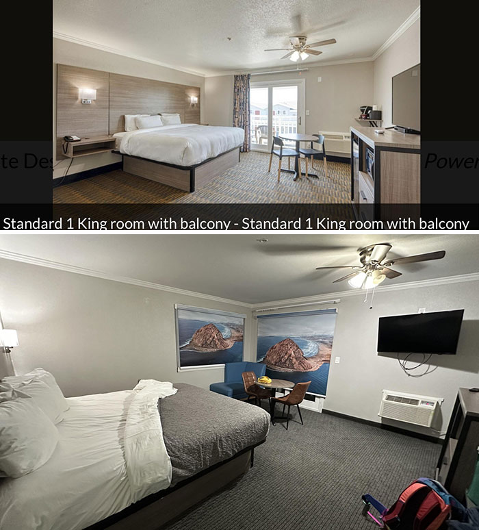 Airbnb expectations versus reality: mismatched room decor with no balcony, highlighting differences in style and amenities.