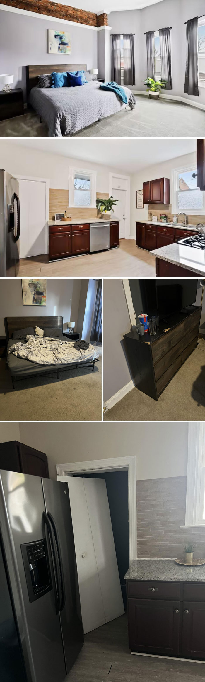 Airbnb disappointment with mismatched rooms, showing cluttered bedroom and kitchen.