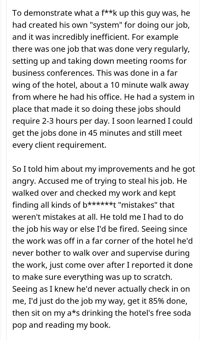 Text detailing a person's inefficiency at work, leading to unspoken firing and petty uniform revenge.