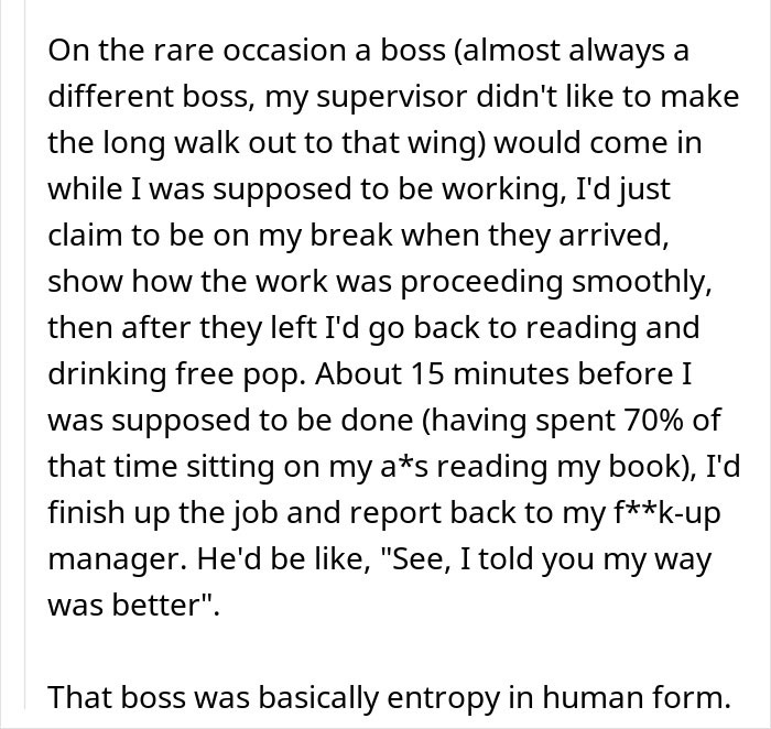 Text message about a person taking breaks, reading, and handling a chaotic boss.