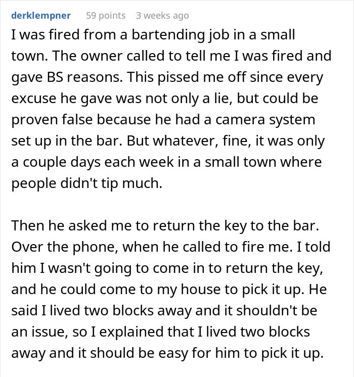 Text describing a bartender fired via call, plotting revenge, reflecting on unfair dismissal and uniform revenge strategy.