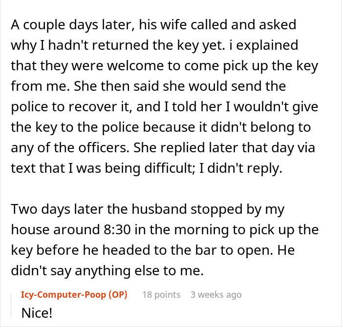 Text exchange displaying a story of revenge involving a key return after being fired.