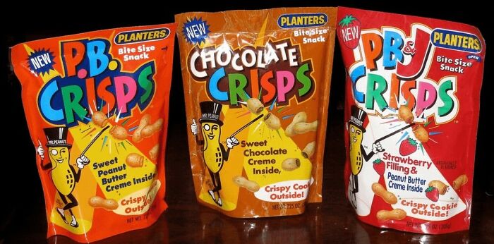 Planters Crisps, nostalgic discontinued snacks, showing peanut butter, chocolate, and PB&J varieties in colorful packaging.