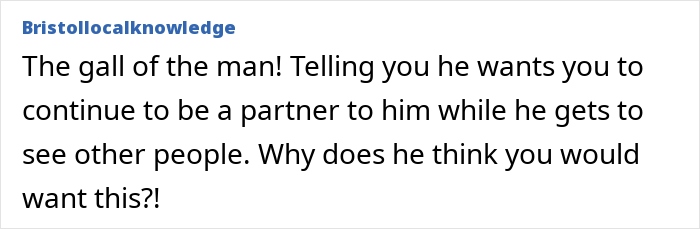 Text screenshot discussing a man's request for a non-traditional relationship post-divorce. Text screenshot discussing a man's request for a non-traditional relationship post-divorce.