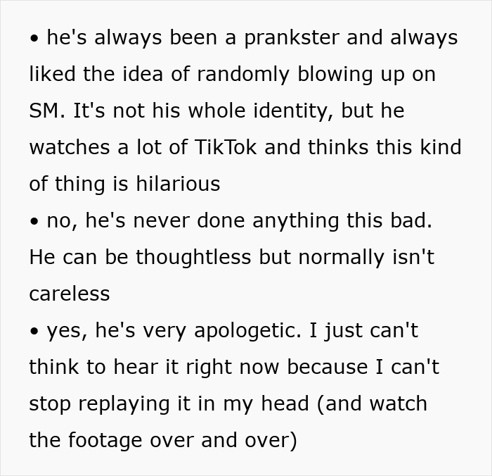 Text thread discussing a husband's prank, TikTok influence, and his regret after a dangerous incident.