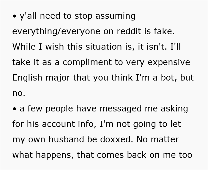 Text discussing assumptions on Reddit and privacy concerns over husband's account info.