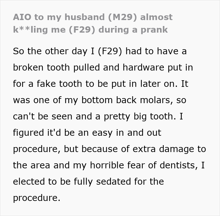 Text recounts a husband's prank that almost cost his wife's life.