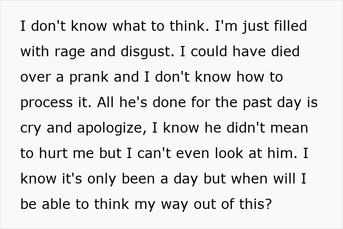 Text from wife expressing anger and disbelief over husband's prank incident.