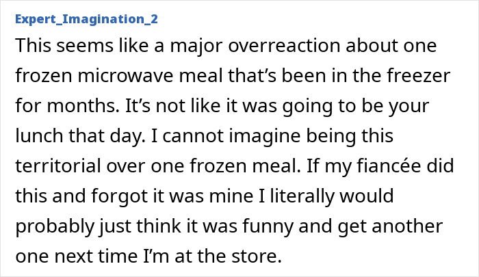 Text screenshot discussing a wife's reaction to her husband discarding her frozen lunch. Text screenshot discussing a wife's reaction to her husband discarding her frozen lunch.