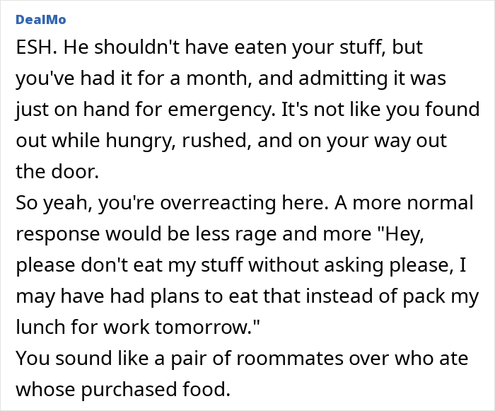 Text conversation about husband throwing away lunch, describing response as overreacting and suggesting calm communication. Text conversation about husband throwing away lunch, describing response as overreacting and suggesting calm communication.