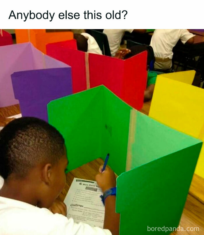 Student using colorful privacy shields during a test; a funny throwback for floppy disk era kids.