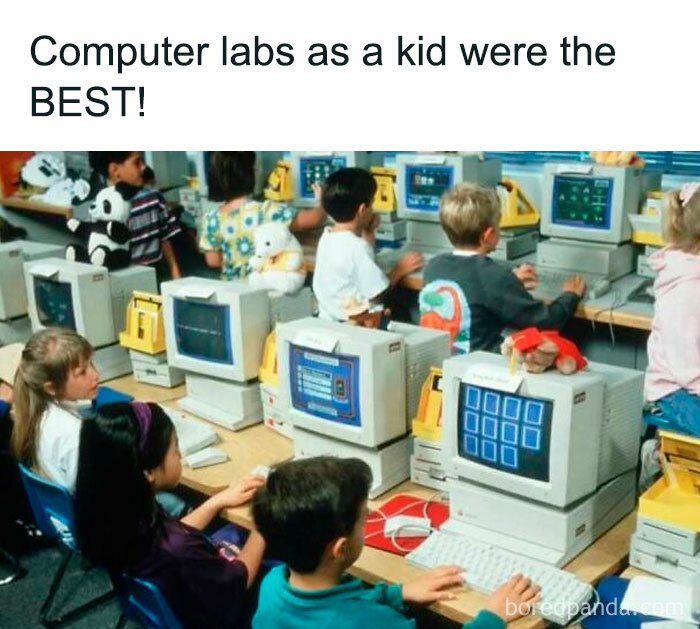 Kids in a 90s computer lab using old monitors and floppy disks, evoking nostalgic throwbacks.