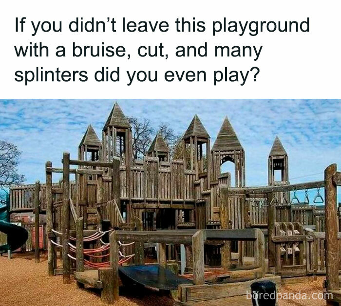 Vintage wooden playground, nostalgic for those who remember floppy disks, with playful text about childhood injuries.