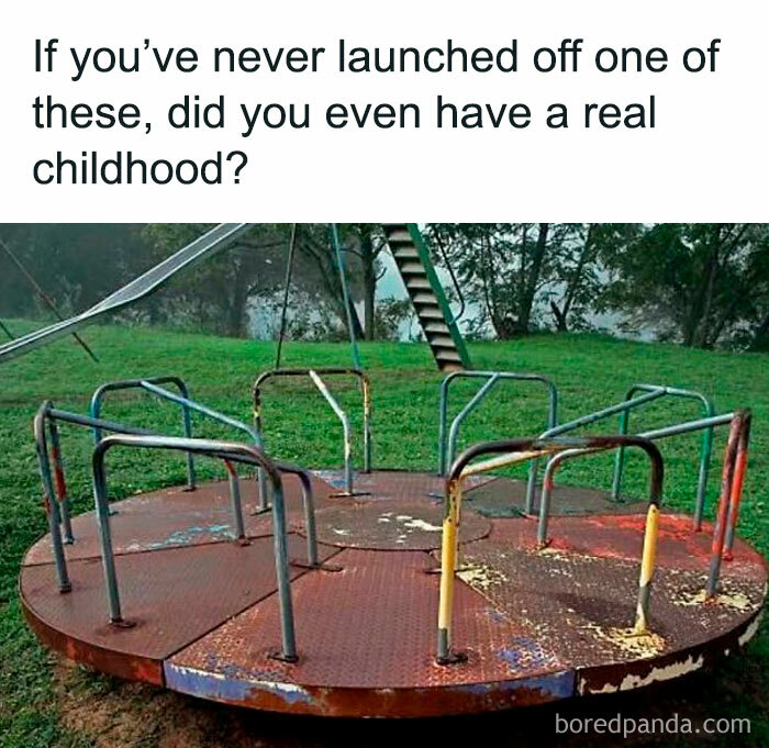 Old playground merry-go-round evokes nostalgia for those who remember floppy disks.