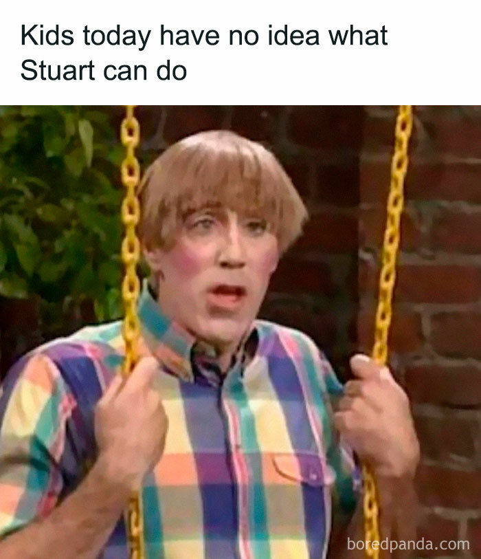 Person in colorful shirt on swing with humorous expression, evoking floppy disk nostalgia.