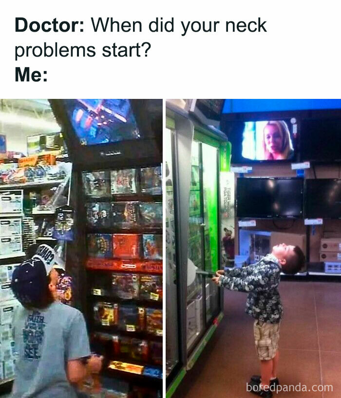 Kids staring up at high displays in a video game store, humorously linked to neck problems.