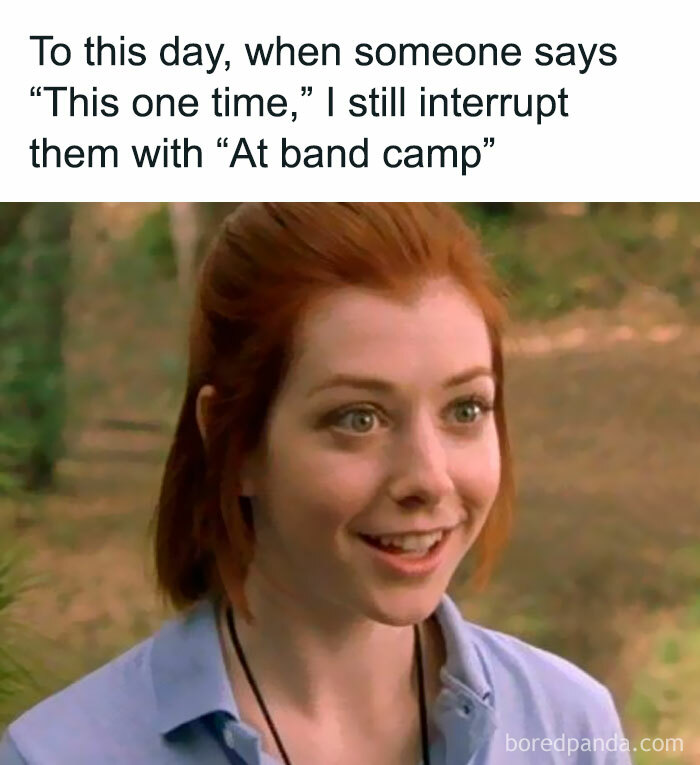 Woman referencing a classic movie line about band camp; a funny throwback moment.