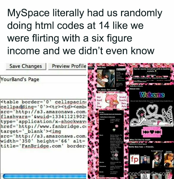 Funny throwback to MySpace days with HTML coding nostalgia, featuring a colorful profile page and code snippets.