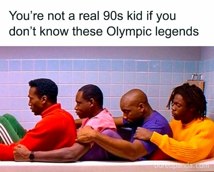 Four men sit bobsled-style in a bathtub, evoking 90s nostalgia for those who remember floppy disks.