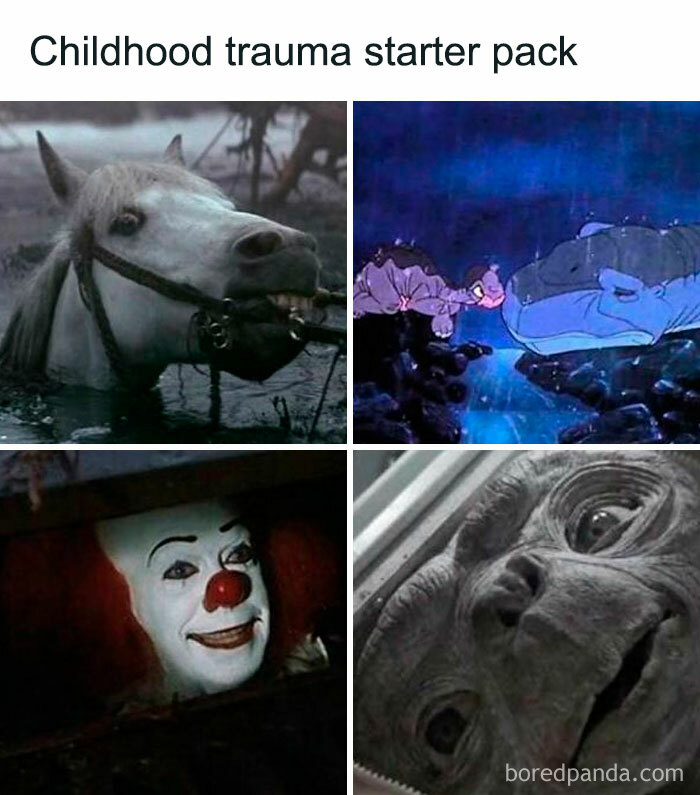 Collage of iconic childhood trauma moments featuring a horse, animated characters, clown, and alien face; funny throwbacks.