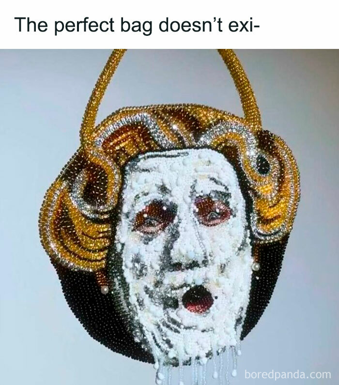 Abstract handbag with a face design made of beads, humorously captioned about perfection.