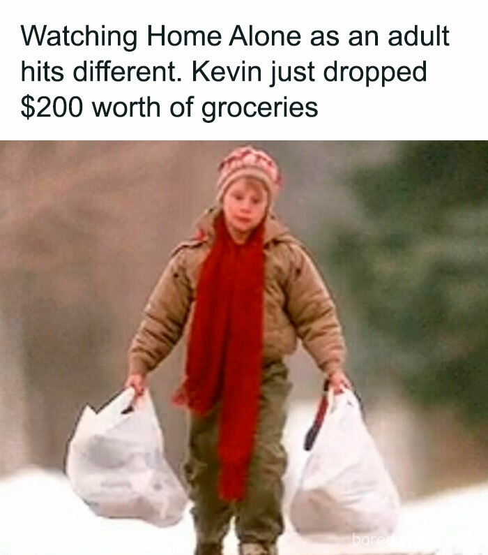 Kid holding grocery bags in winter, reflecting on nostalgic humor for floppy disk generation.