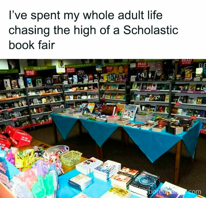 Scholastic book fair setup with tables and shelves filled with books, capturing a nostalgic atmosphere.