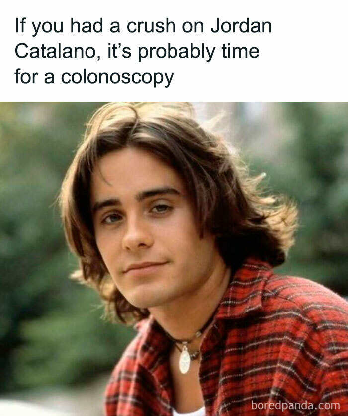 Young man in a plaid shirt with 90s hairstyle, text humorously referencing nostalgia for floppy disk era.