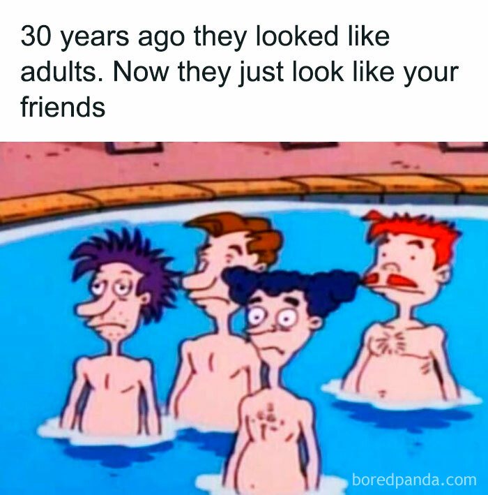 Four cartoon characters in a pool with a funny throwback caption about aging and looking like friends.