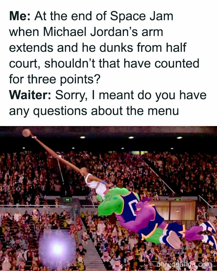Conversation about Space Jam scene featuring Michael Jordan, humorously comparing basketball rules to a dining experience.