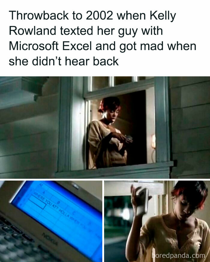 Funny throwback image of a person using Microsoft Excel on an old phone, frustrated by no response.