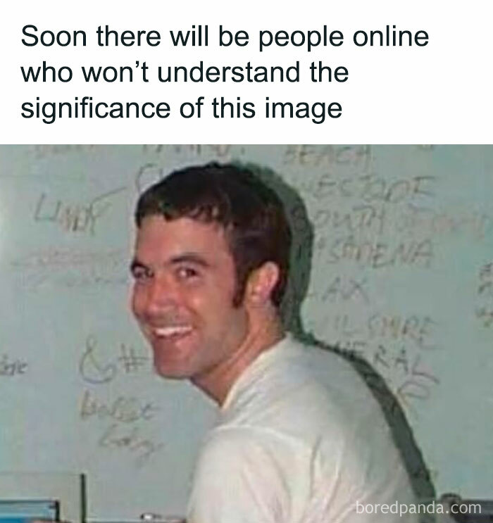 Man smiling at camera in a nostalgic meme about online history, reminding of funny throwbacks for floppy disk era users.