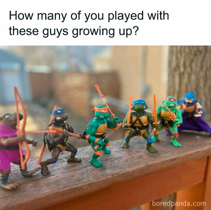 Nostalgic figurines of popular characters on a wooden ledge, reminiscent of the floppy disk era.