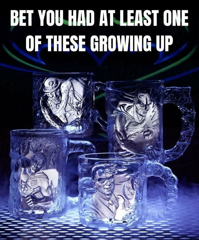 Vintage superhero mugs with mist, evoking funny throwbacks for those who remember floppy disk days.