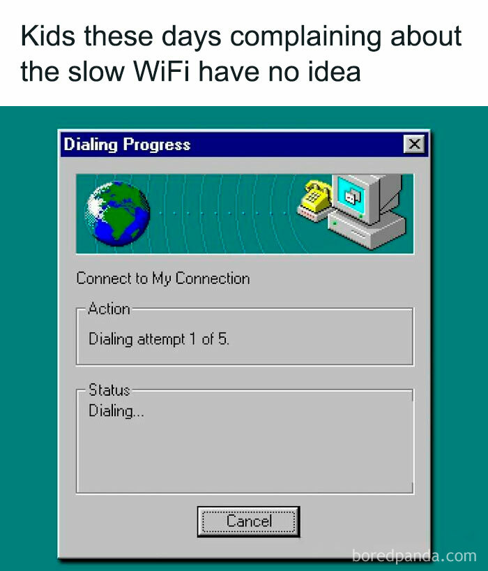 Dial-up internet connection screen, humorous throwback for those familiar with floppy disks.