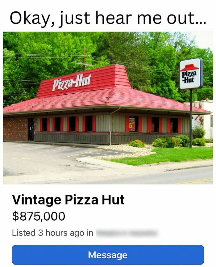 Vintage Pizza Hut building listed for sale, featuring classic design and red roof.