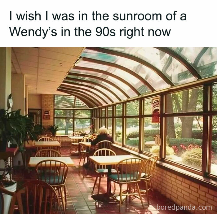 90s Wendy's sunroom with wooden chairs, recalling nostalgic throwback vibes for floppy disk era enthusiasts.