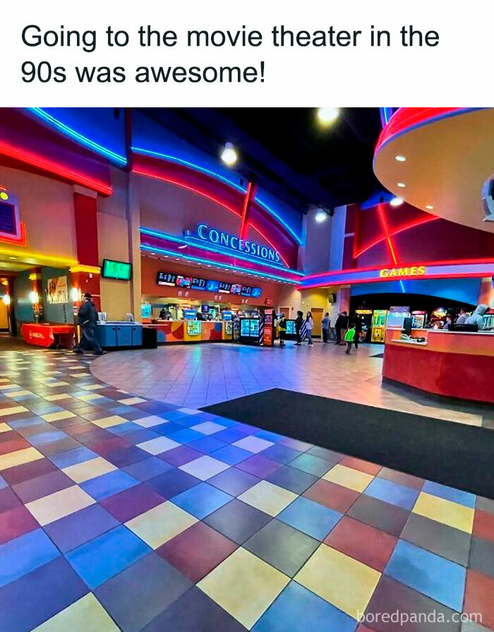 90s movie theater with neon lights and concession stand, capturing a funny throwback vibe.