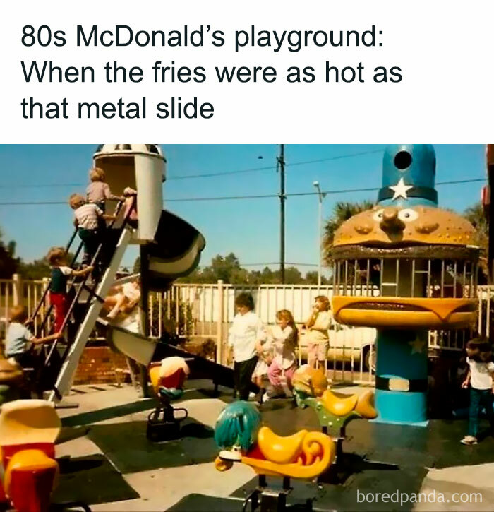 Children playing in an 80s McDonald's playground with a giant hamburger structure and metal slide, a floppy disk era throwback.