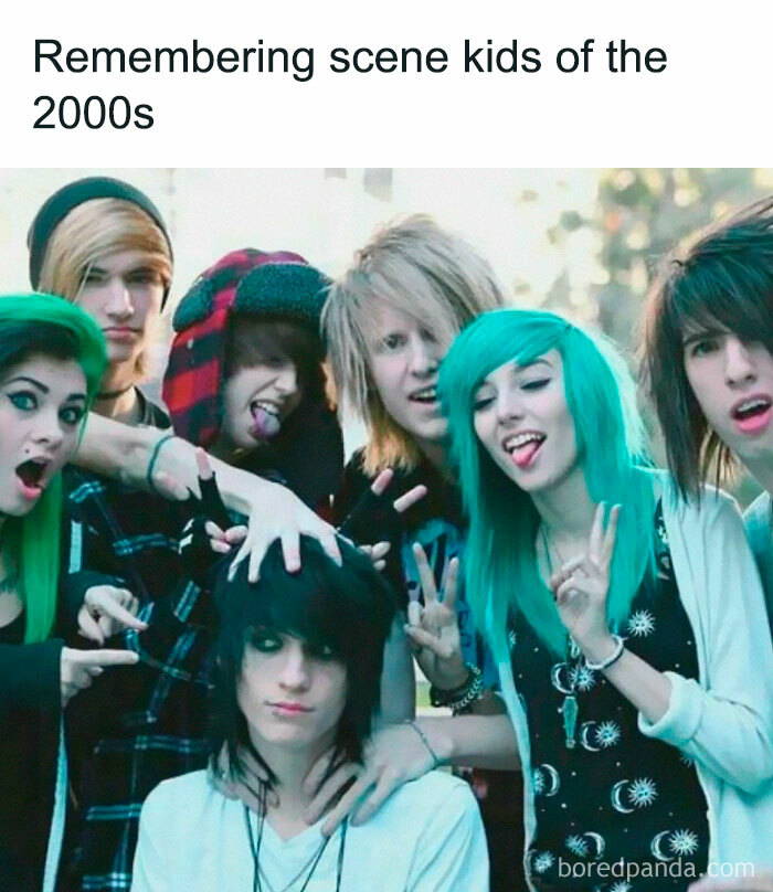Group of scene kids with colorful hair, reminiscing about 2000s style, evoking nostalgia for those who remember floppy disks.