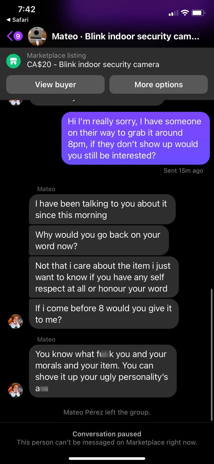 Facebook Marketplace conversation showing a disagreement over a Blink indoor security camera listing.