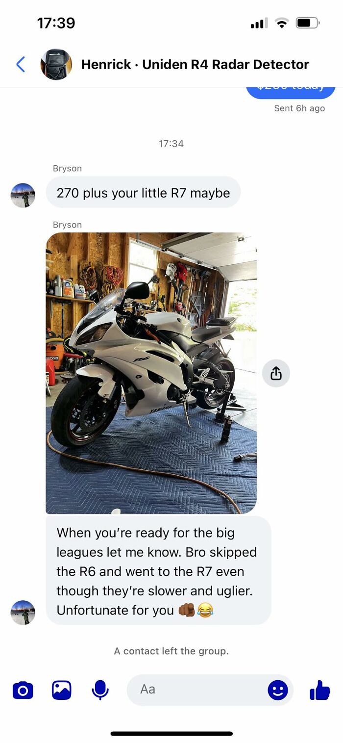 Motorbike in a garage with Facebook Marketplace chat about trading it for an R7.