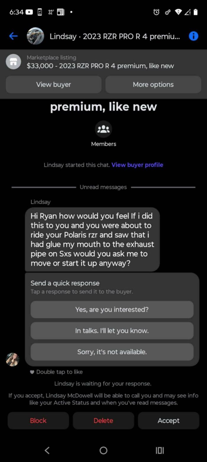 Facebook Marketplace post with humorous message about a RZR for sale.