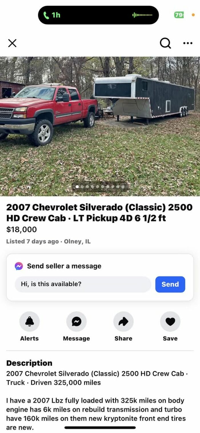 Facebook Marketplace post of a 2007 red Chevrolet Silverado with trailer for sale.